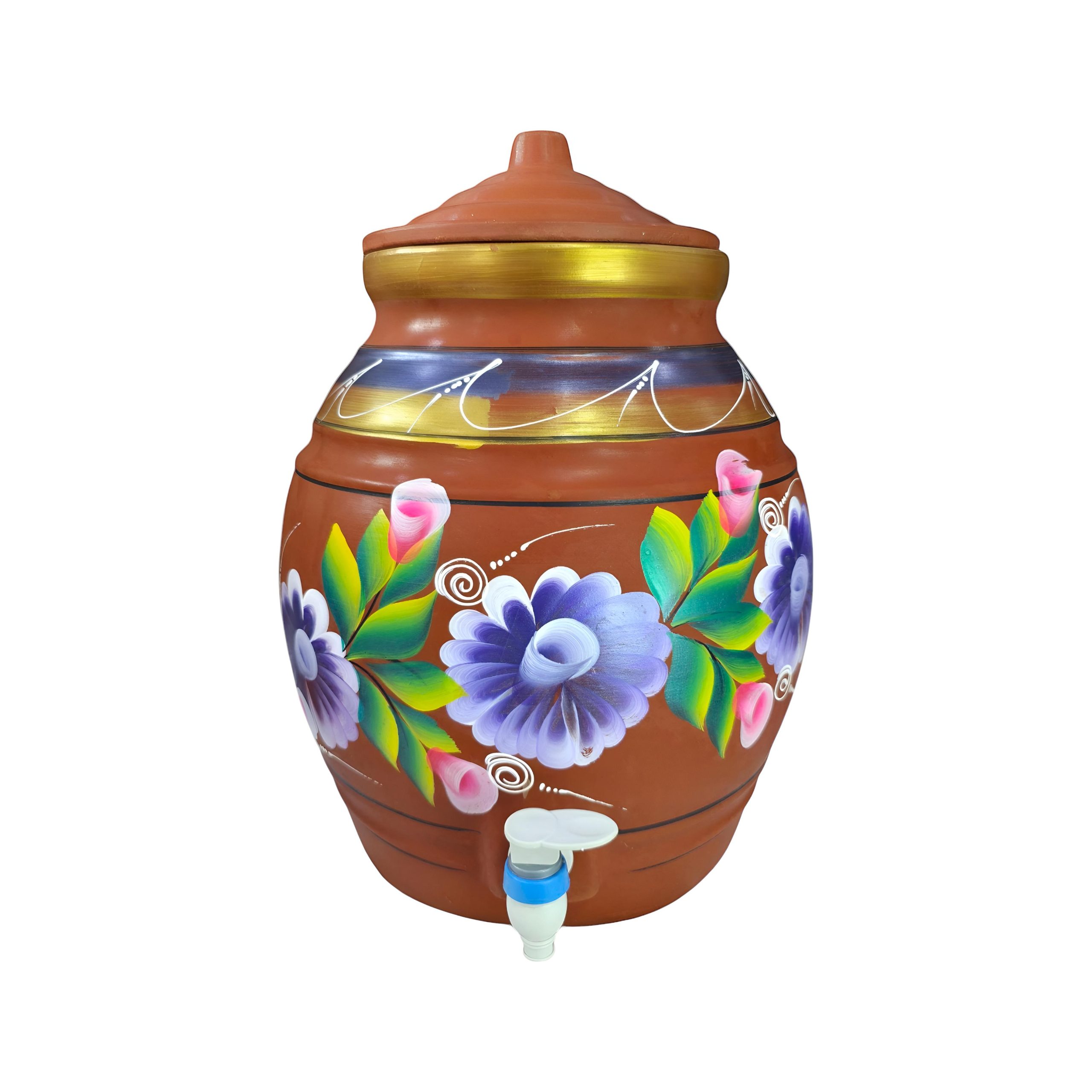 Clay water pot with tap and lid